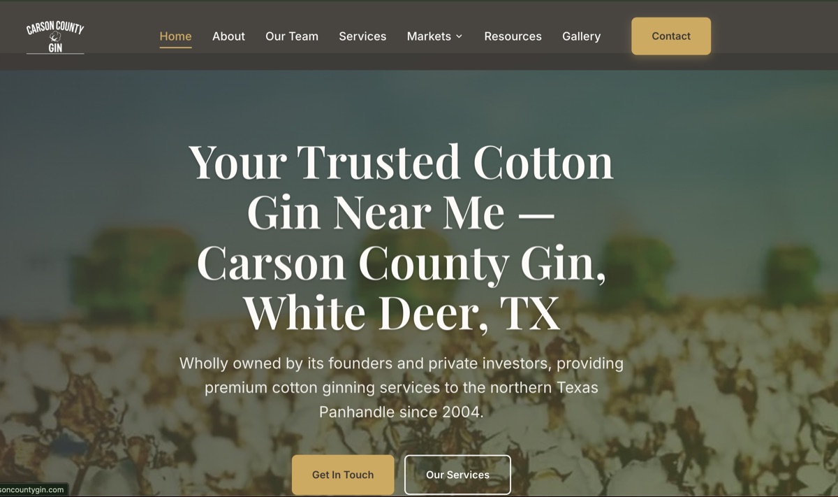Carson County Gin website homepage — cotton ginning services company in White Deer, Texas